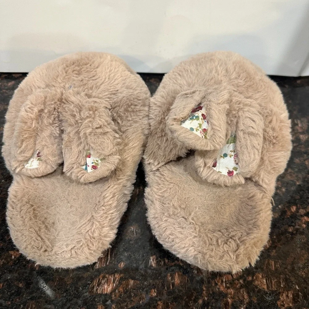 Wonder Nation Bunny Rabbit Plush Slippers Kids Size 13-1 Beige Brown Fuzzy Fun
